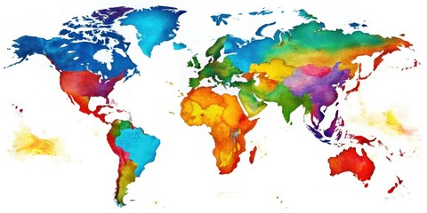 Obraz premium Colorful map of world with oceans, continents and countries illustrated in bright colors, geography, cartography