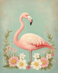 Pink Flamingo and Flowers on a blue background. Flamingo bird in tropical garden, illustration in watercolor style