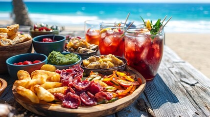 A vibrant platter of tapas served with chilled sangria at a beachside caf