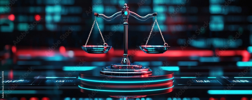 Poster law restriction policy resources concept. a digital representation of balanced scales symbolizing ju