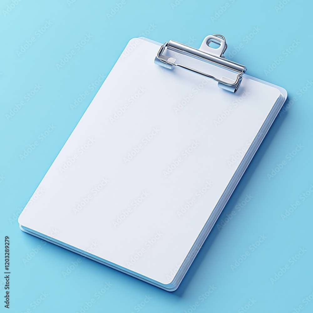 Poster minimalist 3d render of a white clipboard on a pastel blue background with soft shadows and clean de