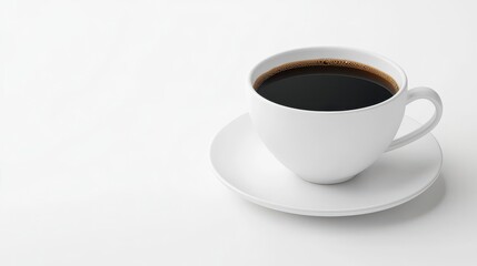 Fototapeta premium Black coffee in a clean white cup on a simple plate, white isolated background.