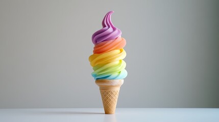 A vibrant summer ice cream cone placed on a minimal white table with text space.