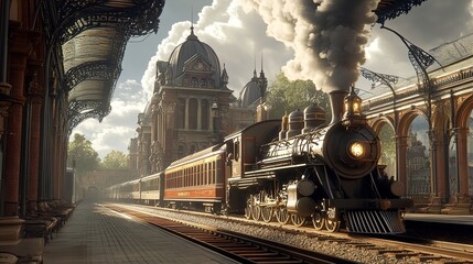 A vintage train station with ornate architecture, steam billowing from a waiting locomotive.