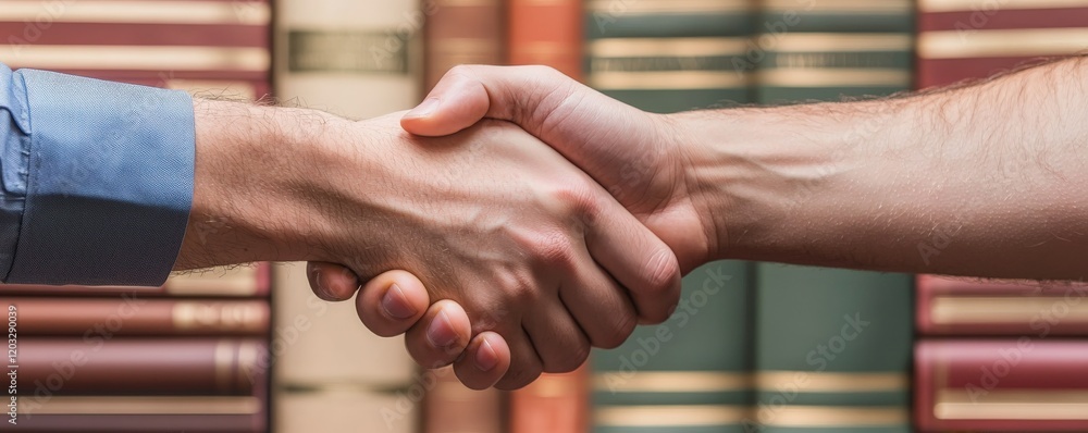 Poster law restriction policy resources concept. two hands shake in front of a bookshelf, symbolizing agree