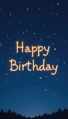 Happy Birthday written in starry patterns across a deep blue night sky.