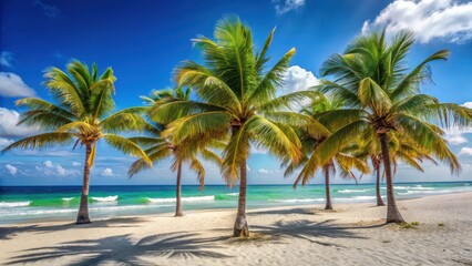 Fototapeta premium Palm trees swaying gently in the summer breeze on a pristine Mexican beach, sunny, palm tree, sunny, palm tree