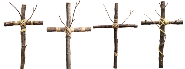 Set of a branch and twine cross symbolizing Jesus' earthly life, isolated on a transparent background.