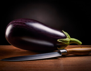 Una berenjena morada sobre una tabla de madera junto a un cuchillo de cocina aislada en fondo negro