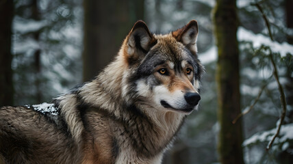 Naklejka premium portrait of grey wolf in winter forest