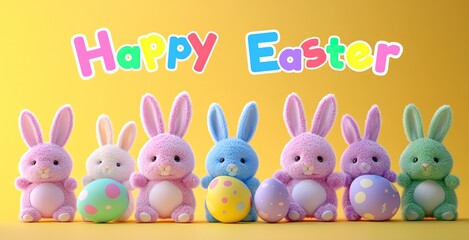 Obraz premium Cute 3d Plush Bunnies in a Row Yellow Background Colorful Eggs Happy Easter Greeting Card Banner