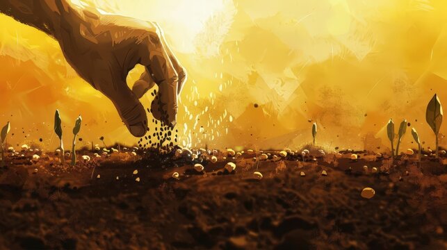 Digital drawing of a hand planting seeds in fertile soil, symbolizing sowing the seeds of success