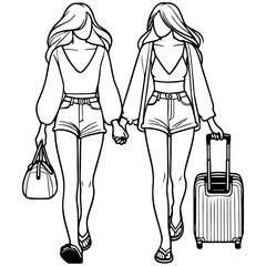Two Girls Traveling with Luggage.