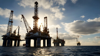 Obraz premium Offshore oil drilling platform against cloudy sky, petroleum industry concept