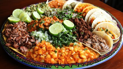 A colorful taco platter with chicken, beef, and veggie options, styled with fresh lime wedges