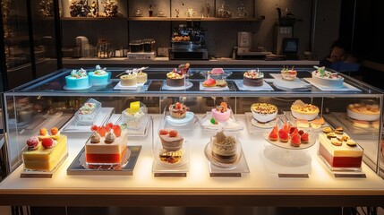An interactive museum caf offering layered desserts resembling miniature exhibits.