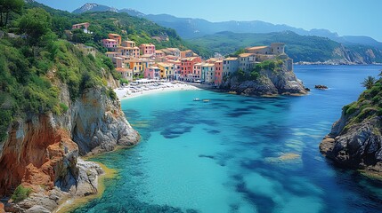Fototapeta premium Coastal village, turquoise water, beach, hills, summer, aerial, idyllic, travel, vacation, postcard