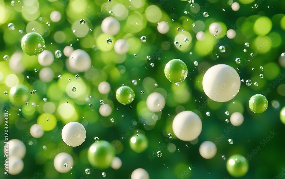 Poster white and green spheres floating in a bokeh background.