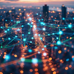 Obraz premium Modern urban center shown with a mesh of IoT connections and smart devices managing the city's utilities 