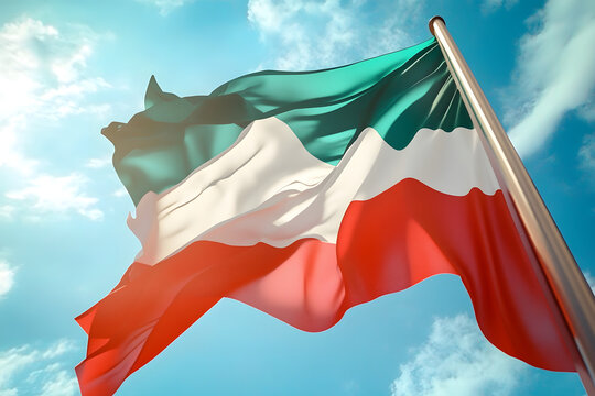 Waving flag of Sudan in blue sky. Sudan flag for independence day. The symbol of the state on wavy fabric.