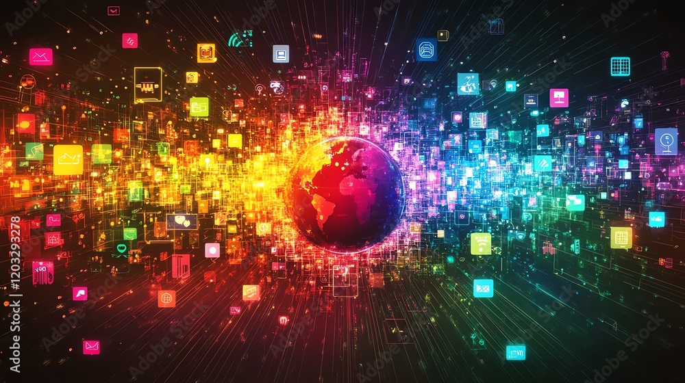 Poster global network: vibrant rainbow app icons exploding from earth