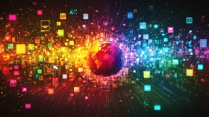 Obraz premium Global Network: Vibrant Rainbow App Icons Exploding from Earth