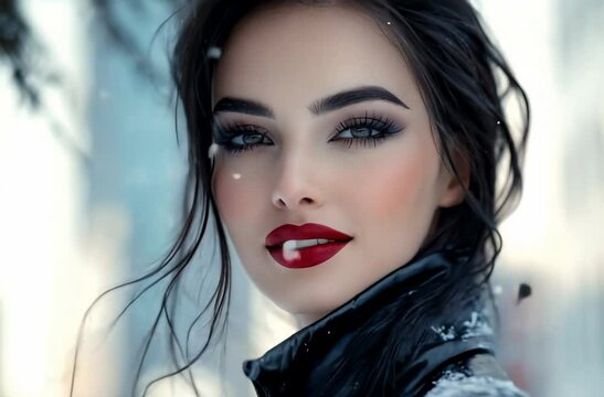 Brunette female model in leather jacket, fashion and make-up shoot, portrait video. Slow motion, smiling into camera. Dark smokey make-up, red lipstick. Dramatic. Elegant.	
