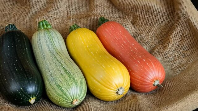 Colorful varieties of squash displayed on burlap fabric in a rustic setting
