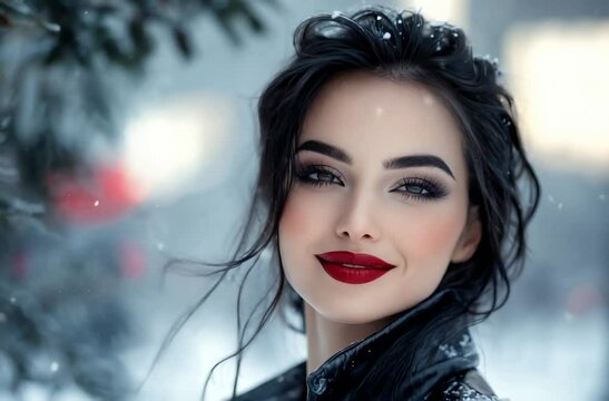 Brunette female model in leather jacket, fashion and make-up shoot, portrait video. Slow motion, smiling into camera. Dark smokey make-up, red lipstick. Dramatic. Elegant.	