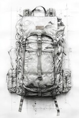 Detailed pencil sketch of a large backpack.