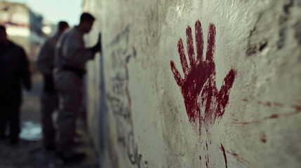 Red handprint on a wall with blurred figures in background, capturing a scene filled with emotion, mystery, and societal commentary on violence or turmoil in urban environments.