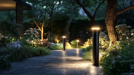 Solar-powered LED path lights illuminating a garden walkway, enhancing night aesthetics