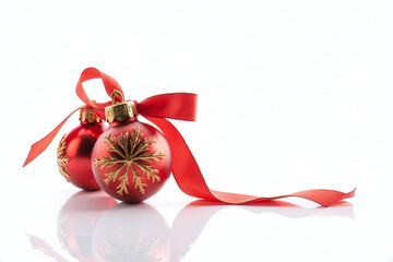 two red Christmas ornaments with golden snowflake designs red ribbon