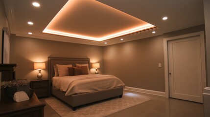 Warm LED cove lighting along the ceiling edges of a minimalist bedroom, enhancing relaxation