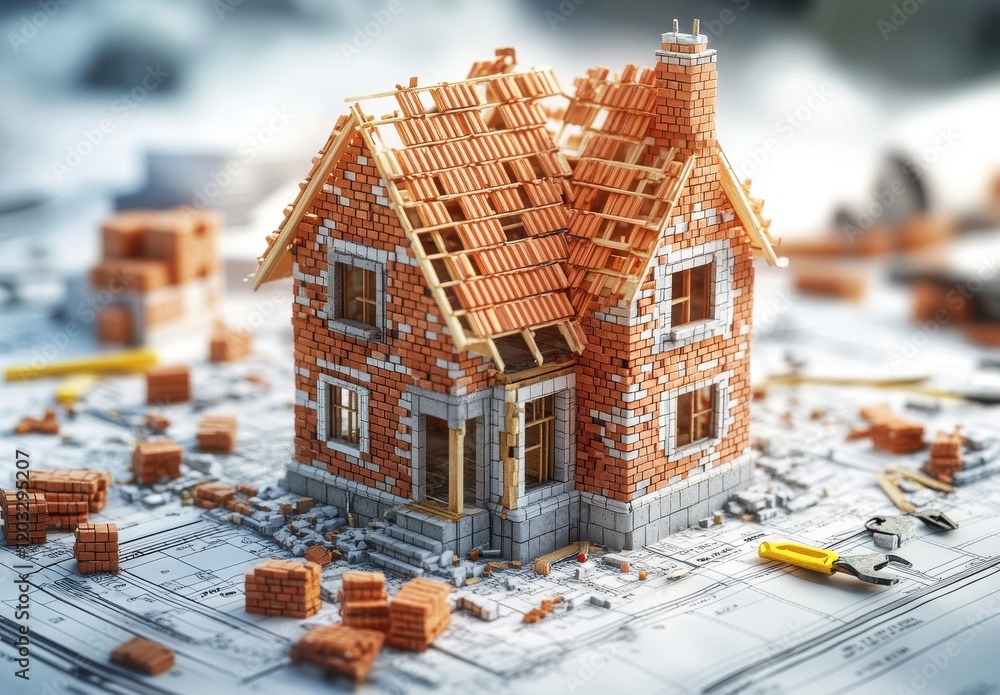 Poster a close-up of a detailed model home under construction on architectural blueprints with tools and bu
