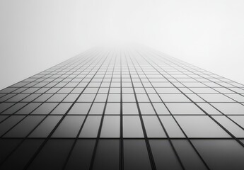 Obraz premium A Minimalist View of a Tall Skyscraper Towering into the Fog with Glass Facade and Reflective Surfaces Evoking a Sense of Urban Mystery and Isolation in Modern Architecture