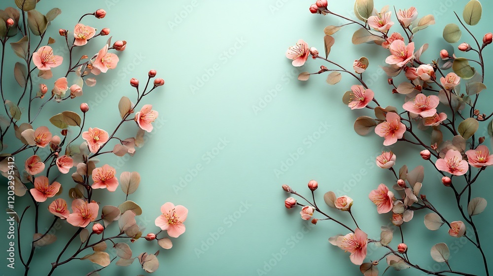 Poster minimalistic beige invitation card adorned with delicate flowers elegantly placed on a soft light gr