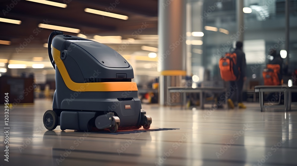 Poster automated disinfection robot cleaning and sanitizing the floors of an airport terminal to maintain a