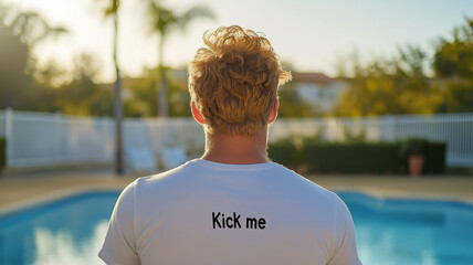 Blond man wearing white t-shirt with kick me sign on his back, standing near swimming pool on april fools' day