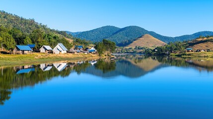 Fototapeta premium Village by Calm Lake and Mountains