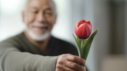 Mature multiracial partners exchanging romantic red tulip, expressing tender love during heartfelt Valentine's Day celebration