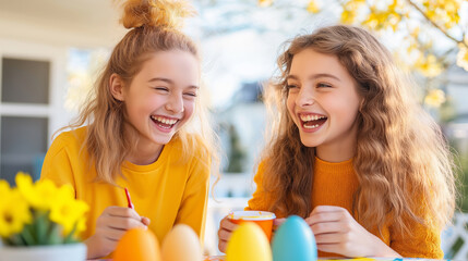Two teenage girls are happily laughing while painting easter eggs together outdoors, surrounded by spring decorations and daffodils