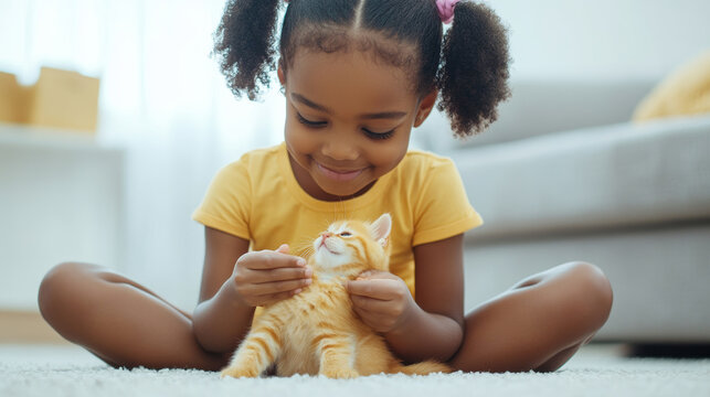 Smiling child tenderly hugging orange tabby kitten while cross-legged on living room carpet, radiating warmth and affection - Powered by Adobe