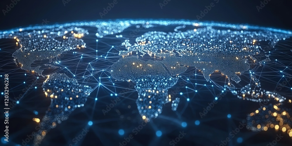 Poster global network: illuminated world map with intricate connections