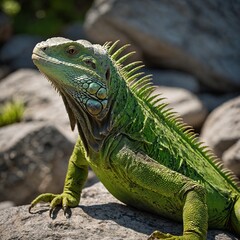 Obraz premium A bright green iguana basking on a sunny rock.