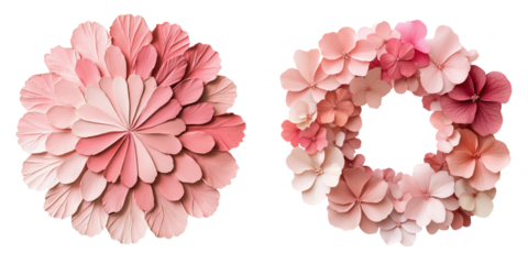 Elegant abstract floral compositions featuring intricate arrangements of soft delicate pink petals and captivating botanical elements  The compositions display a harmonious balance of organic shapes