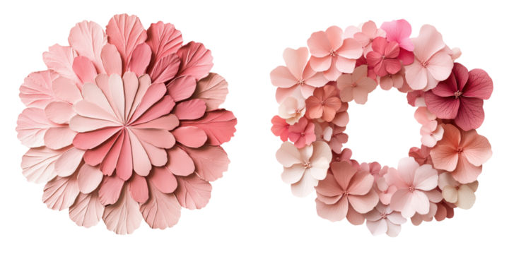 Elegant abstract floral compositions featuring intricate arrangements of soft delicate pink petals and captivating botanical elements  The compositions display a harmonious balance of organic shapes