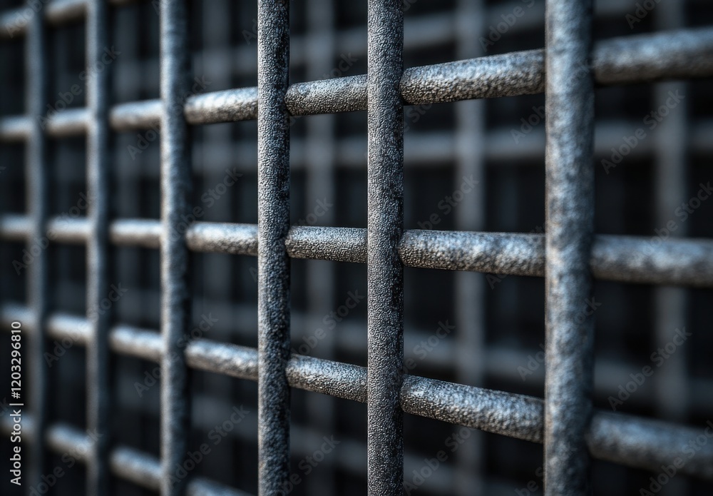Aufkleber close-up of a steel grid fence with vertical and horizontal bars creating a detailed geometric patte