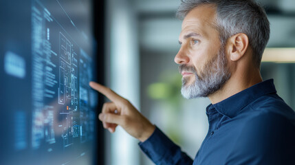 Architect analyzing futuristic digital blueprint on interactive touchscreen within contemporary architectural workspace