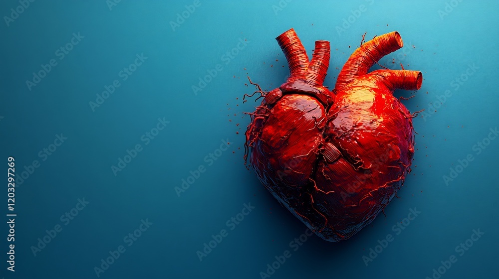 Poster minimalistic clean background showcasing a 3d human heart anatomy against a blue backdrop highlight 